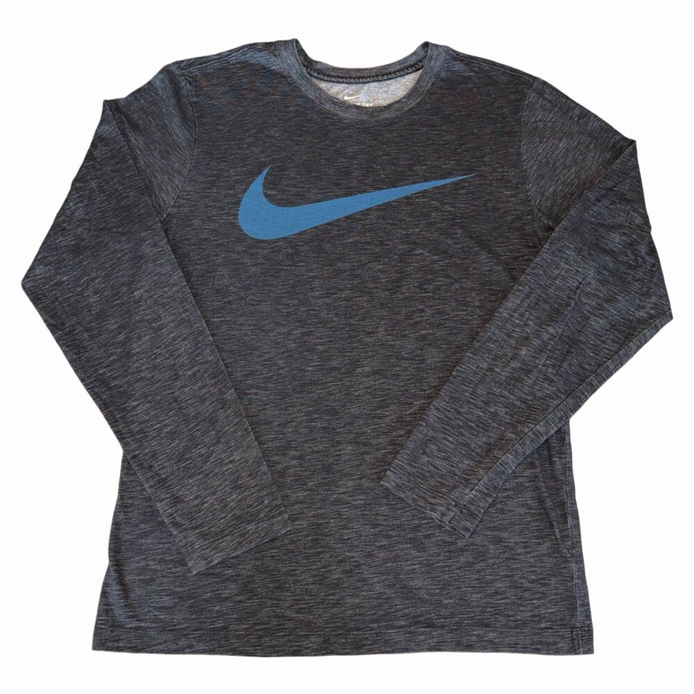 The Nike Tee Dri Fit Long Sleeve Heather Gray Blue Swoosh Mens Small